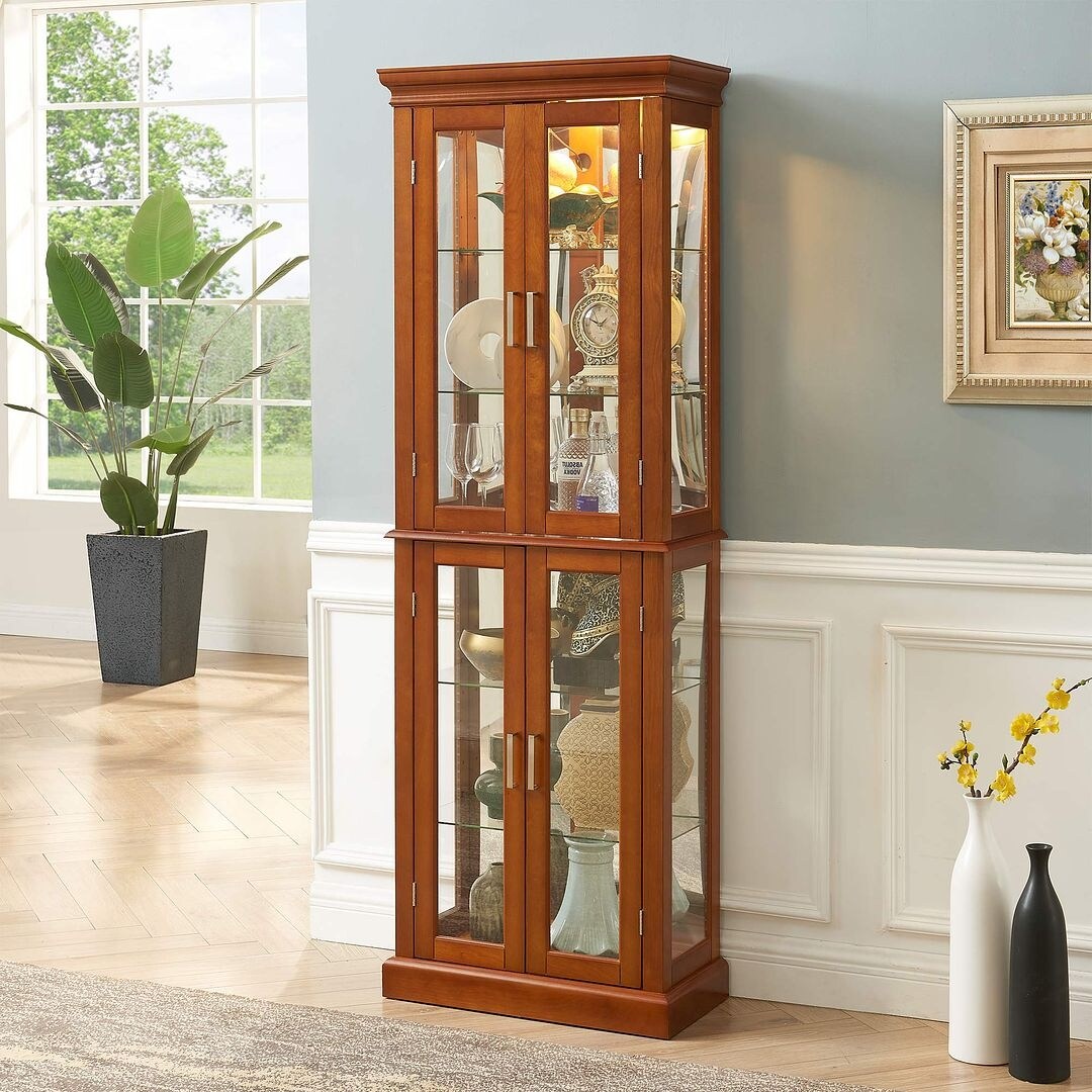 Lighted Curio Display Cabinet: Adjustable Shelves, Mirrored Back, Tempered Glass Doors (6 Tier)