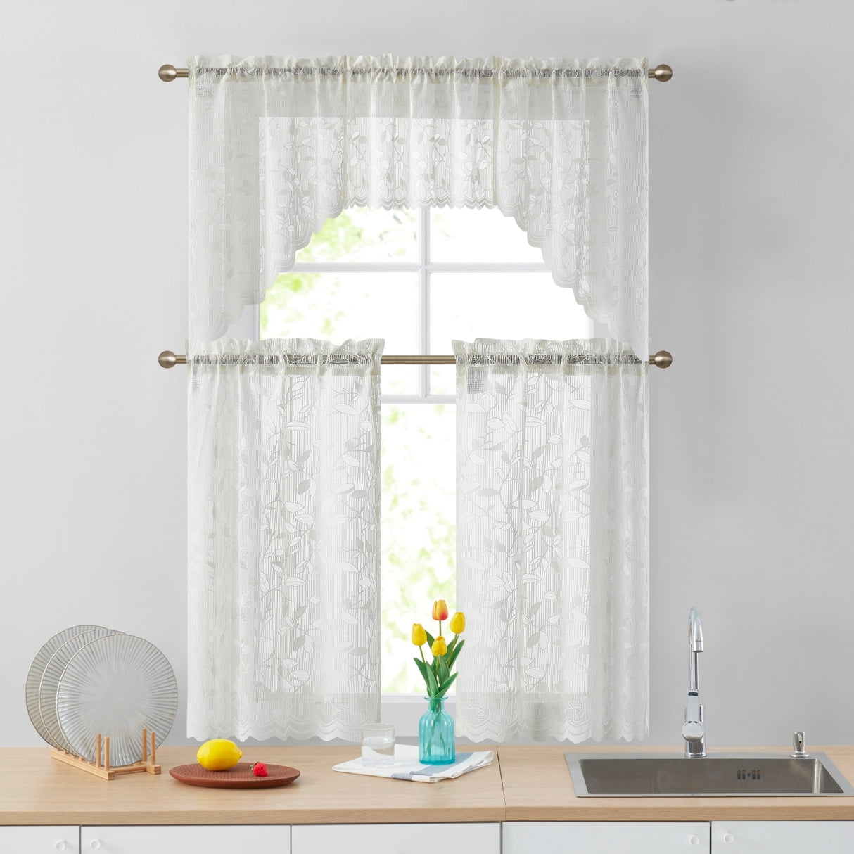 HLC.me Joyce Lace Sheer Kitchen Cafe Curtain Tiers for Small Windows, Kitchen & Bathroom