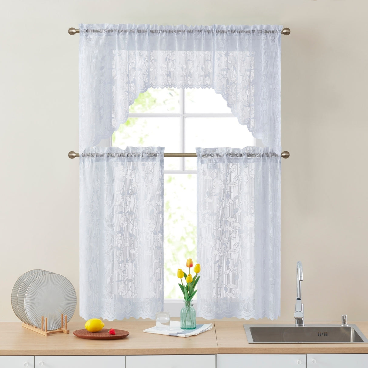HLC.me Joyce Lace Sheer Kitchen Cafe Curtain Tiers for Small Windows, Kitchen & Bathroom