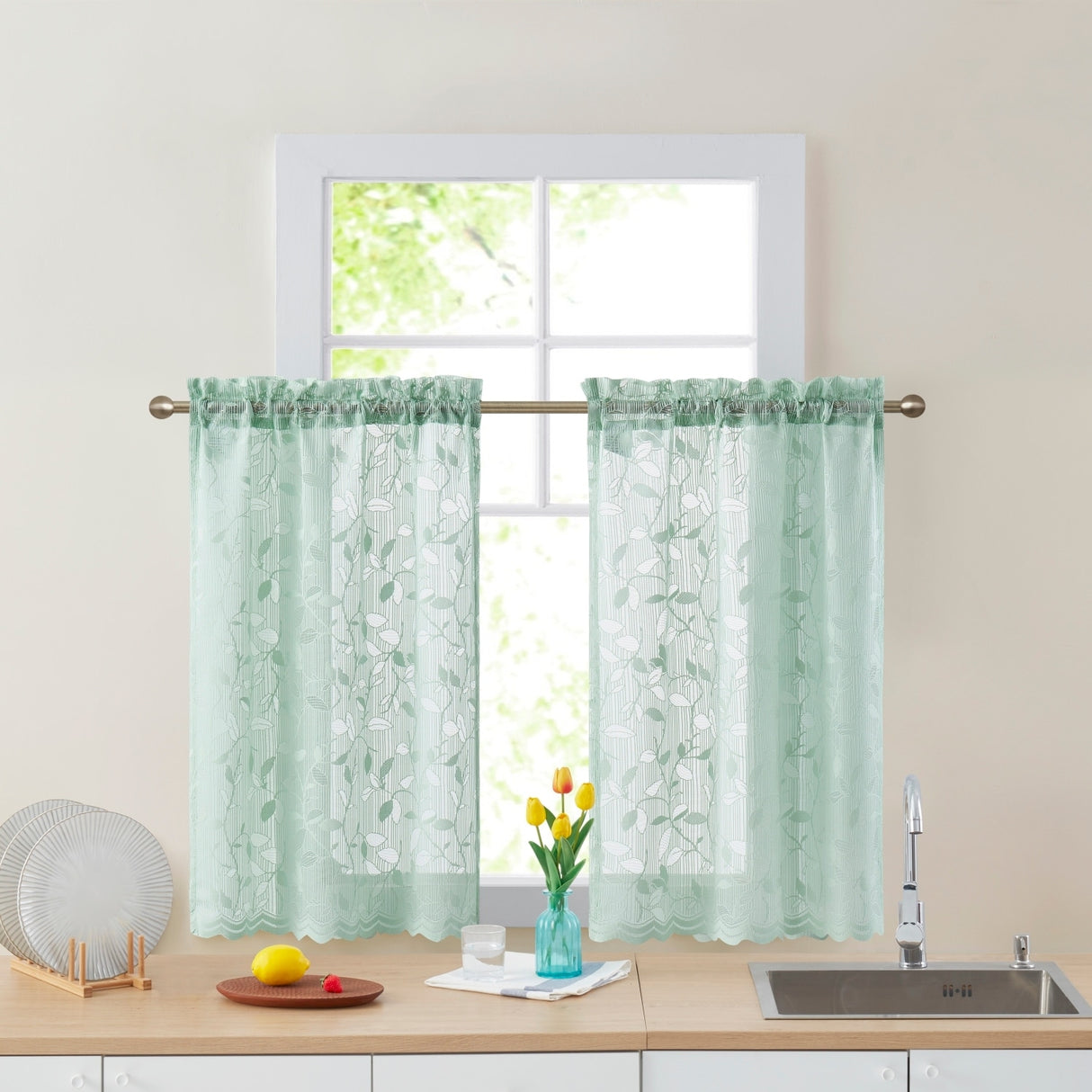 HLC.me Joyce Lace Sheer Kitchen Cafe Curtain Tiers for Small Windows, Kitchen & Bathroom
