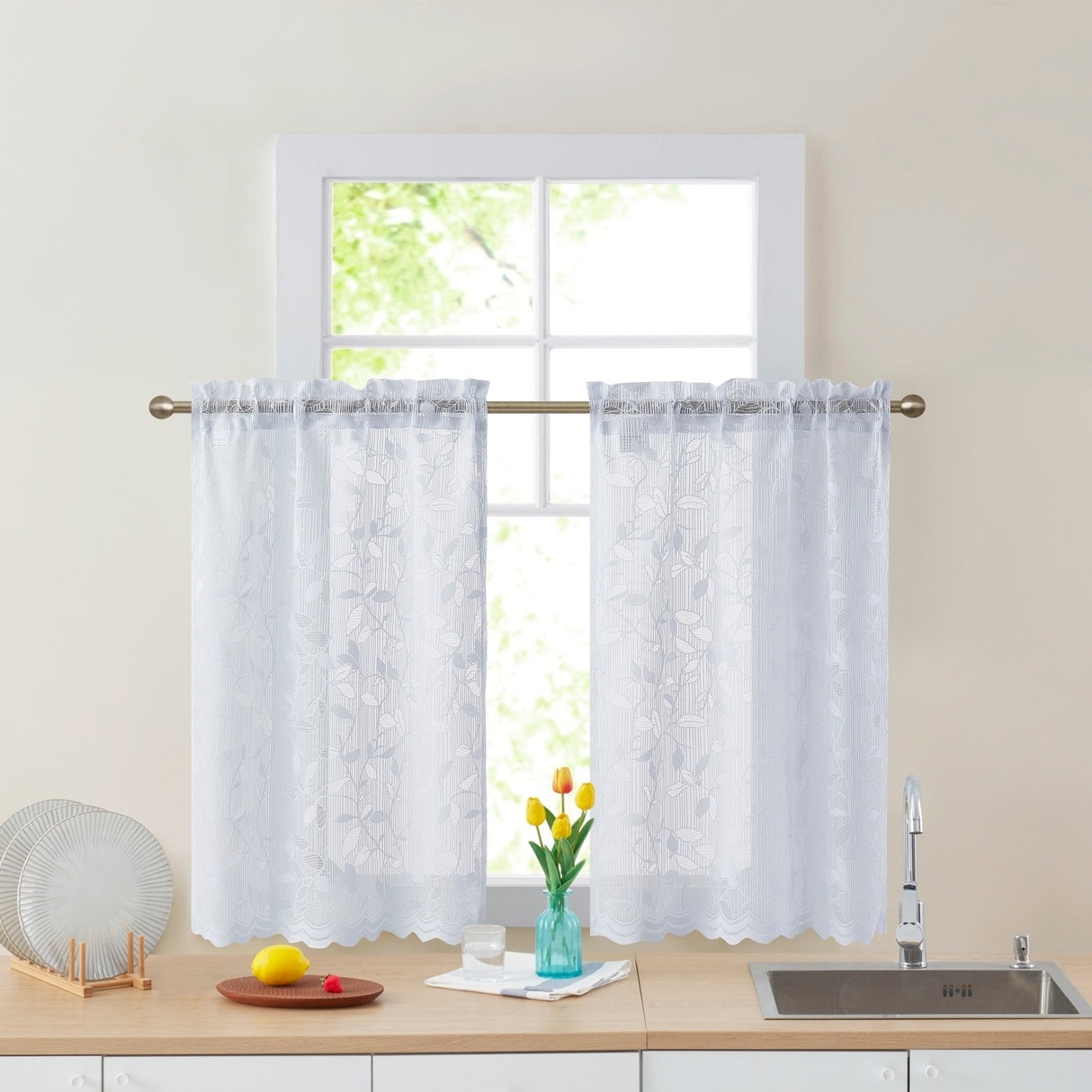 HLC.me Joyce Lace Sheer Kitchen Cafe Curtain Tiers for Small Windows, Kitchen & Bathroom