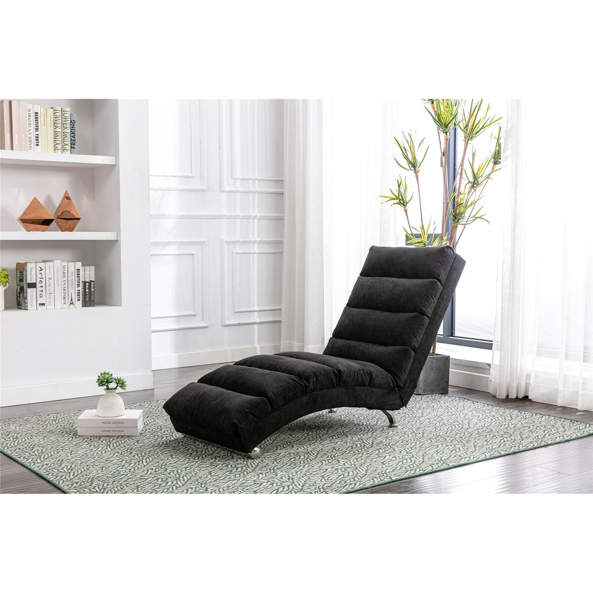 Linen Chaise Lounge Indoor Chair, Modern Long Lounger for Office,Black
