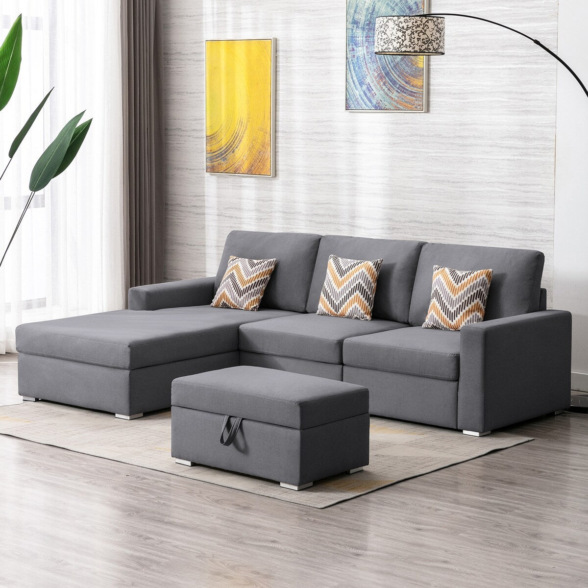 Linen Fabric 4 Piece Reversible Sofa Chaise with Interchangeable Legs and Storage Ottoman in Grey