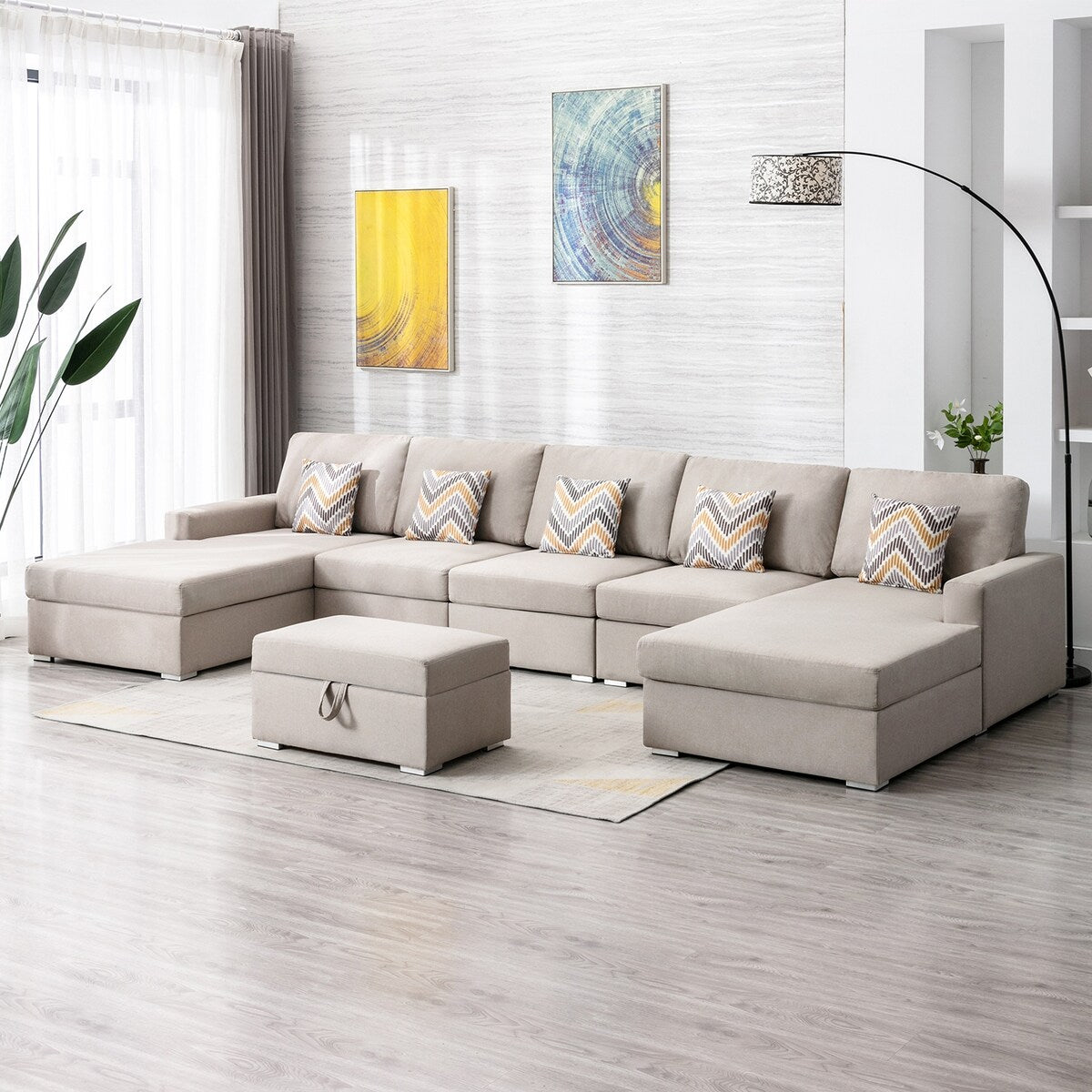 Linen Fabric 6 Piece Double Chaise Sectional Sofa with Interchangeable Legs and Storage Ottoman