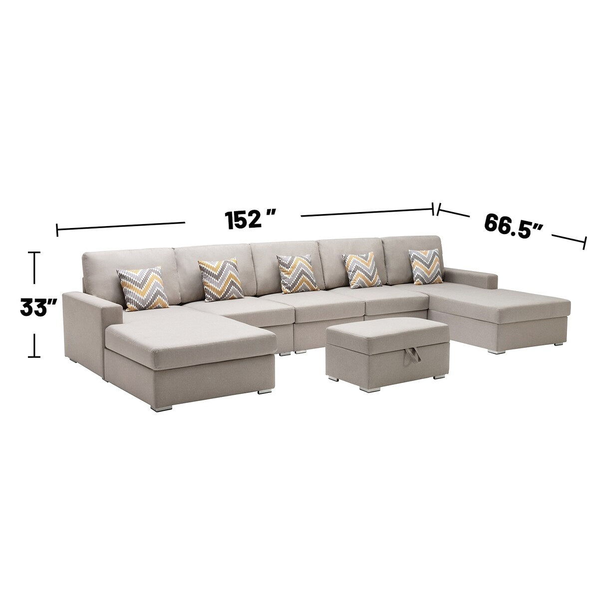 Linen Fabric 6 Piece Double Chaise Sectional Sofa with Interchangeable Legs and Storage Ottoman