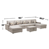 Linen Fabric 6 Piece Double Chaise Sectional Sofa with Interchangeable Legs and Storage Ottoman