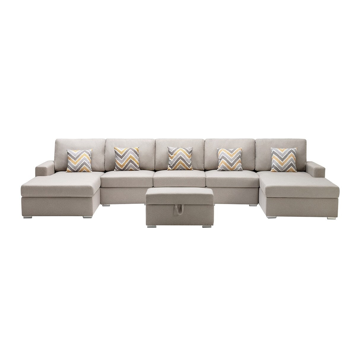 Linen Fabric 6 Piece Double Chaise Sectional Sofa with Interchangeable Legs and Storage Ottoman