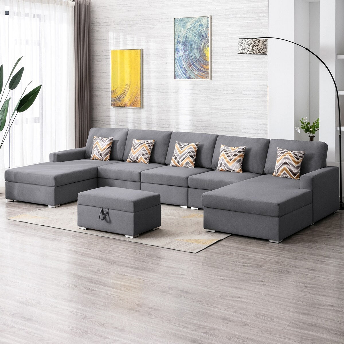 Linen Fabric 6 Piece Double Chaise Sectional Sofa with Interchangeable Legs and Storage Ottoman