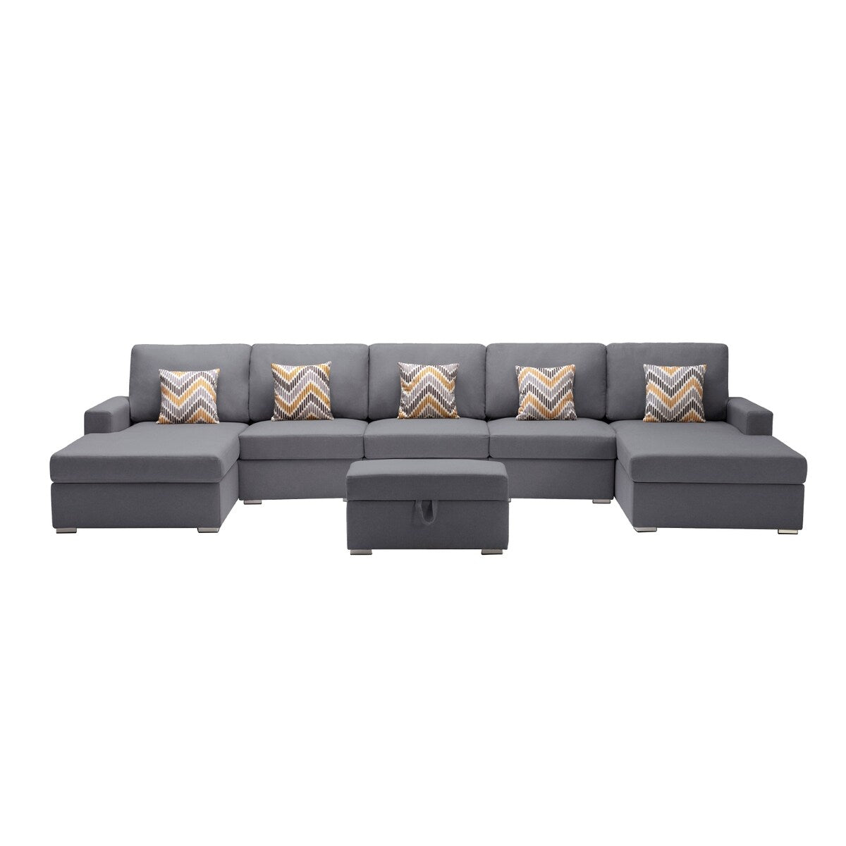 Linen Fabric 6 Piece Double Chaise Sectional Sofa with Interchangeable Legs and Storage Ottoman
