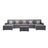 Linen Fabric 6 Piece Double Chaise Sectional Sofa with Interchangeable Legs and Storage Ottoman