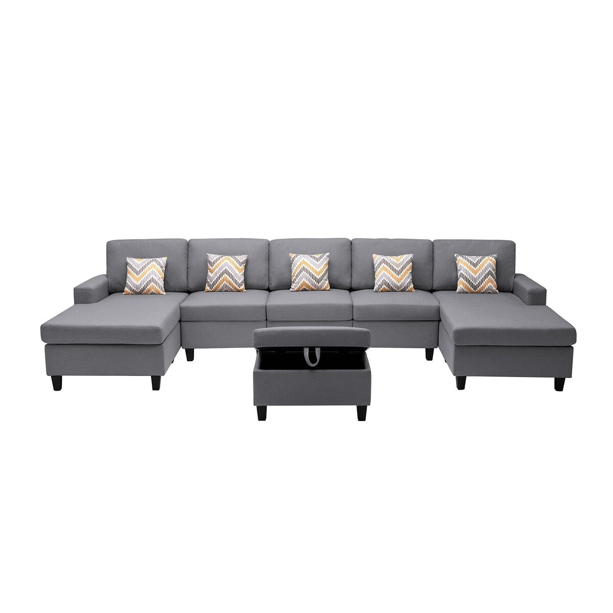 Linen Fabric 6 Piece Double Chaise Sectional Sofa with Interchangeable Legs and Storage Ottoman