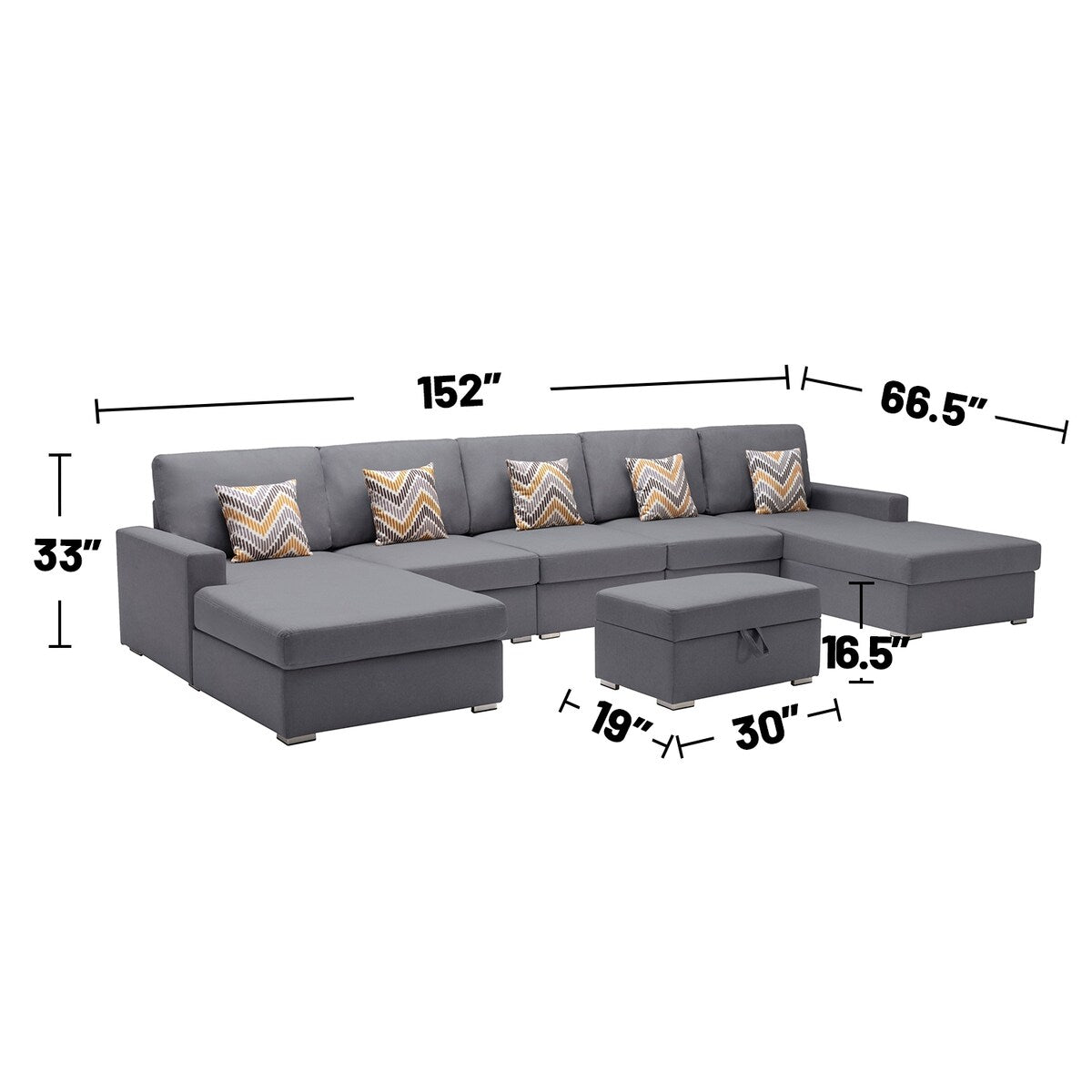 Linen Fabric 6 Piece Double Chaise Sectional Sofa with Interchangeable Legs and Storage Ottoman