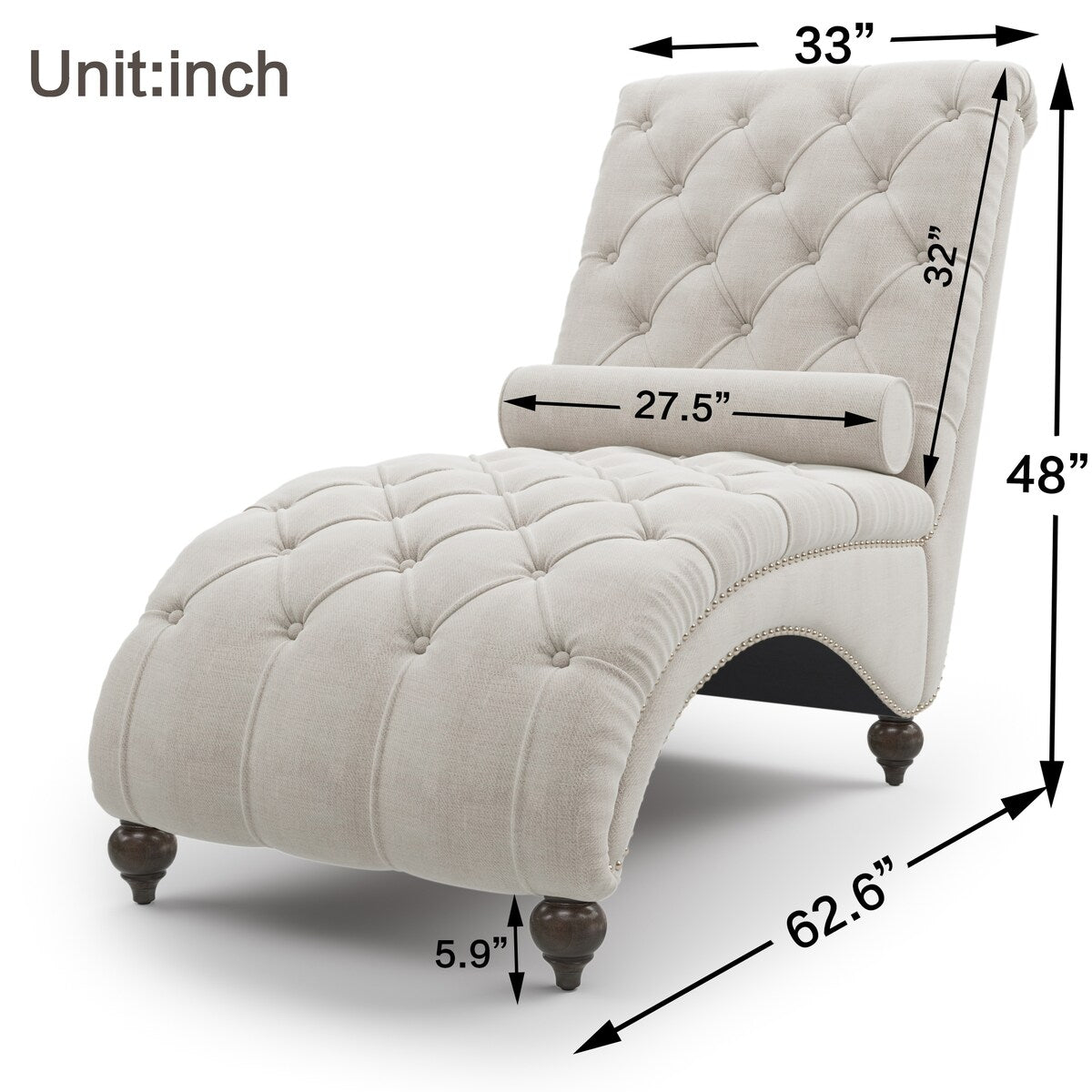 Linen Fabric Chesterfield Lounge Button Tufted Leisure Sofa Gourd Wood Leg Studio Chaise