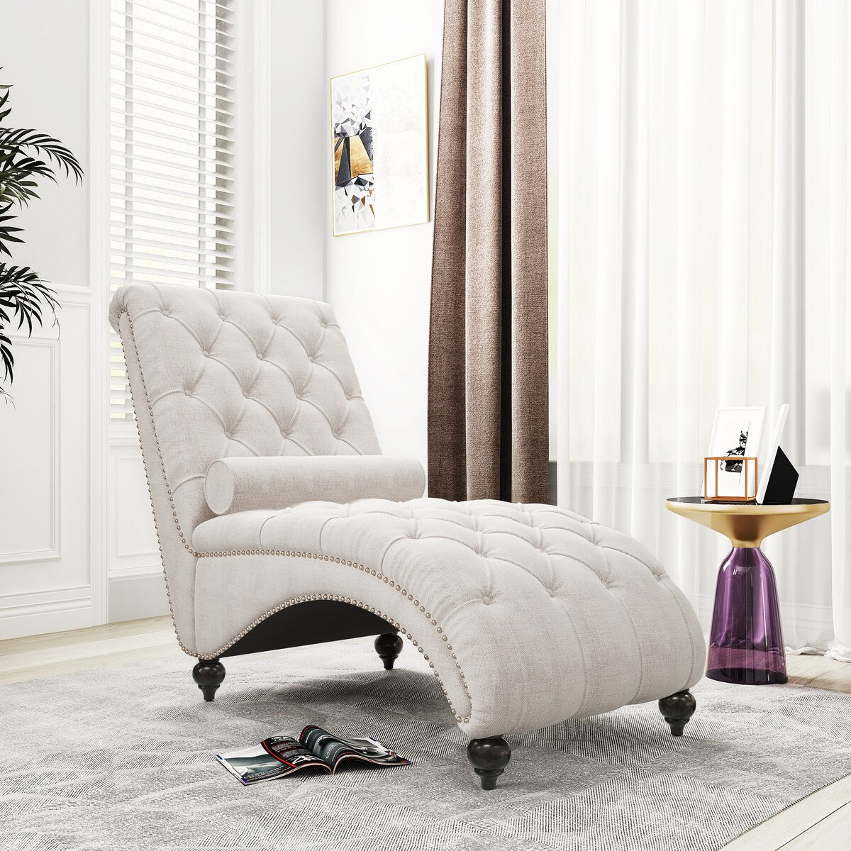 Linen Fabric Chesterfield Lounge Button Tufted Leisure Sofa Gourd Wood Leg Studio Chaise