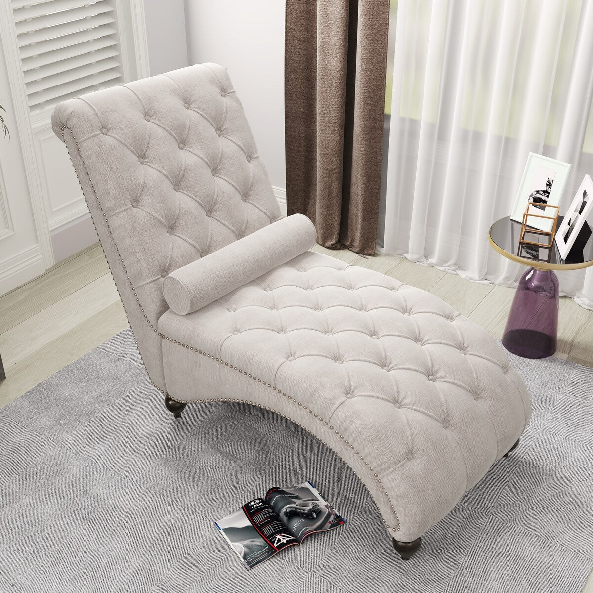 Linen Fabric Chesterfield Lounge Button Tufted Leisure Sofa Gourd Wood Leg Studio Chaise