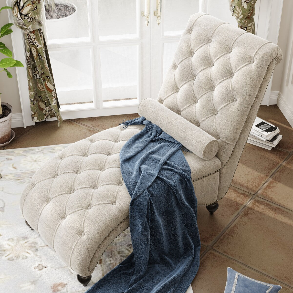 Linen Fabric Chesterfield Lounge Button Tufted Leisure Sofa Gourd Wood Leg Studio Chaise
