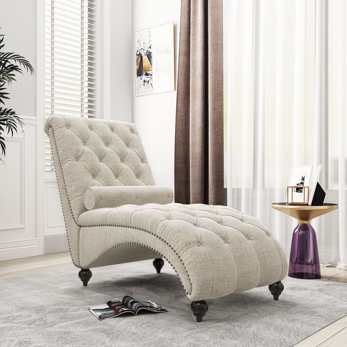 Linen Fabric Chesterfield Lounge Button Tufted Leisure Sofa Gourd Wood Leg Studio Chaise