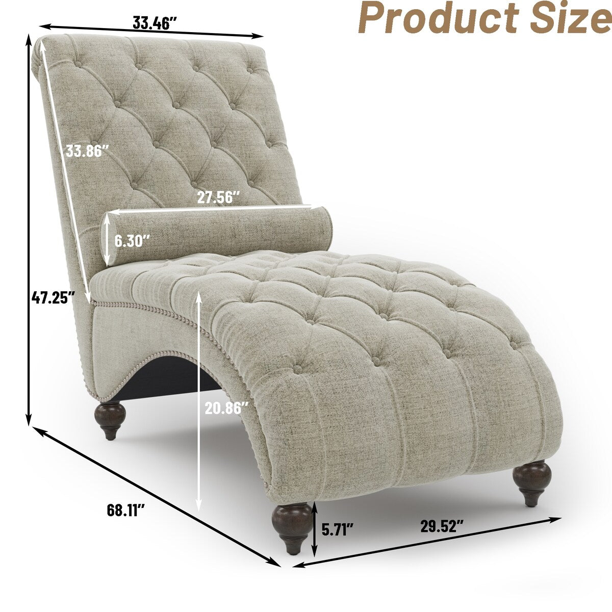 Linen Fabric Chesterfield Lounge Button Tufted Leisure Sofa Gourd Wood Leg Studio Chaise