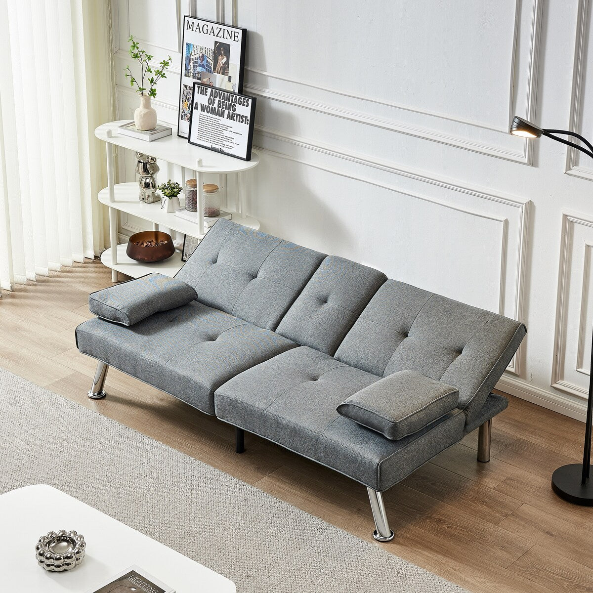 Linen Fabric Convertible Daybed, 2 Cup Holders, 3 Angles, Removable Armrests