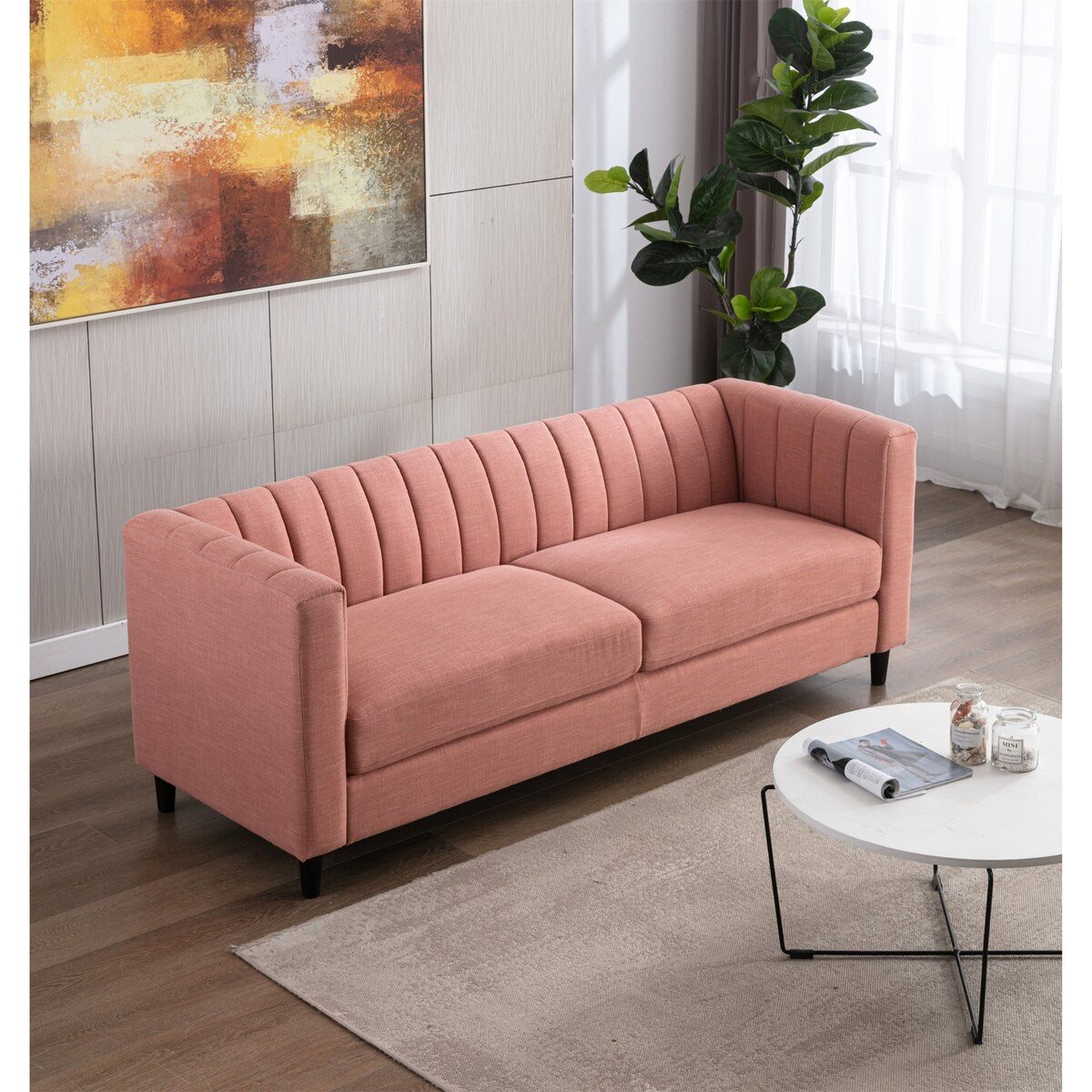 Linen Fabric Loveseat, Fashion Sofa with Wooden Base for Home