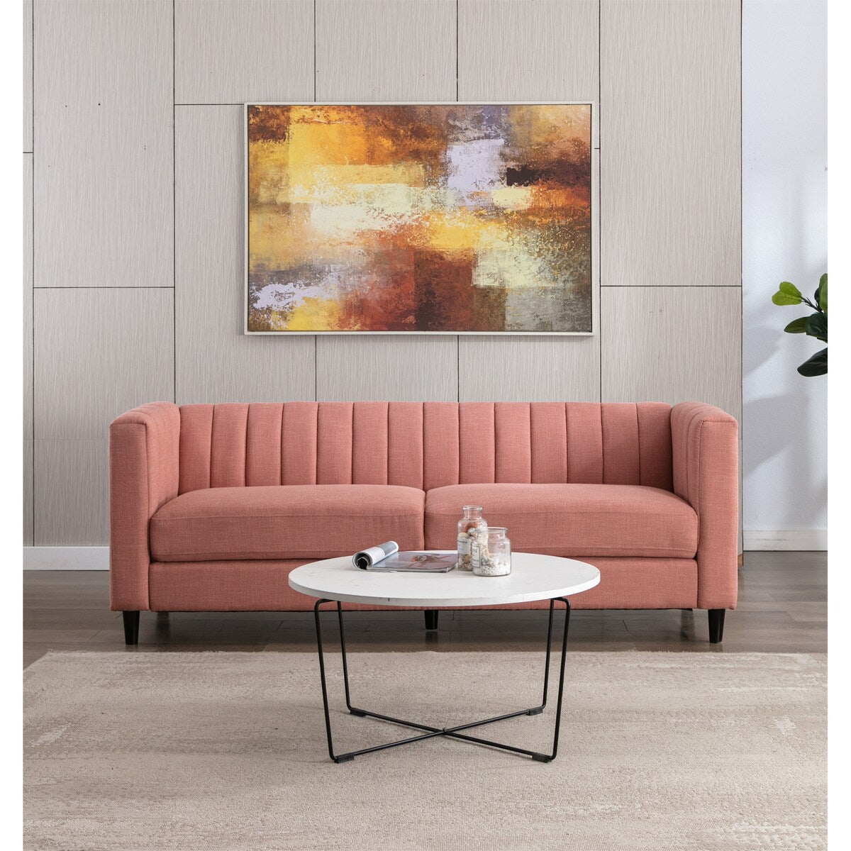 Linen Fabric Loveseat, Fashion Sofa with Wooden Base for Home