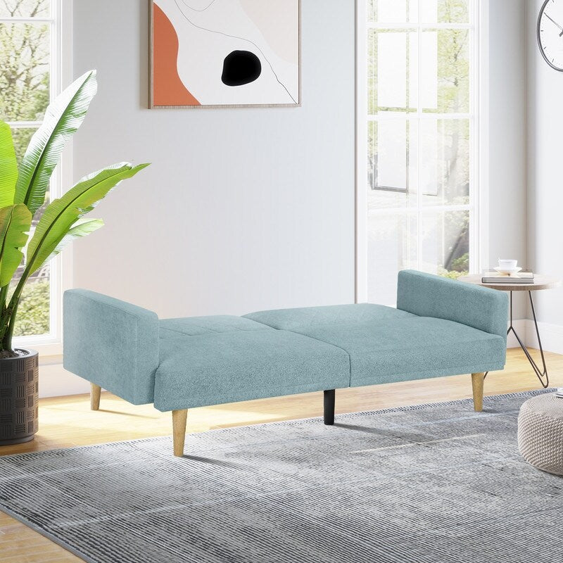 Linen Fabric Sofa Bed Cozy Style Living Room Daybed with Adjustable Backrest, Blue