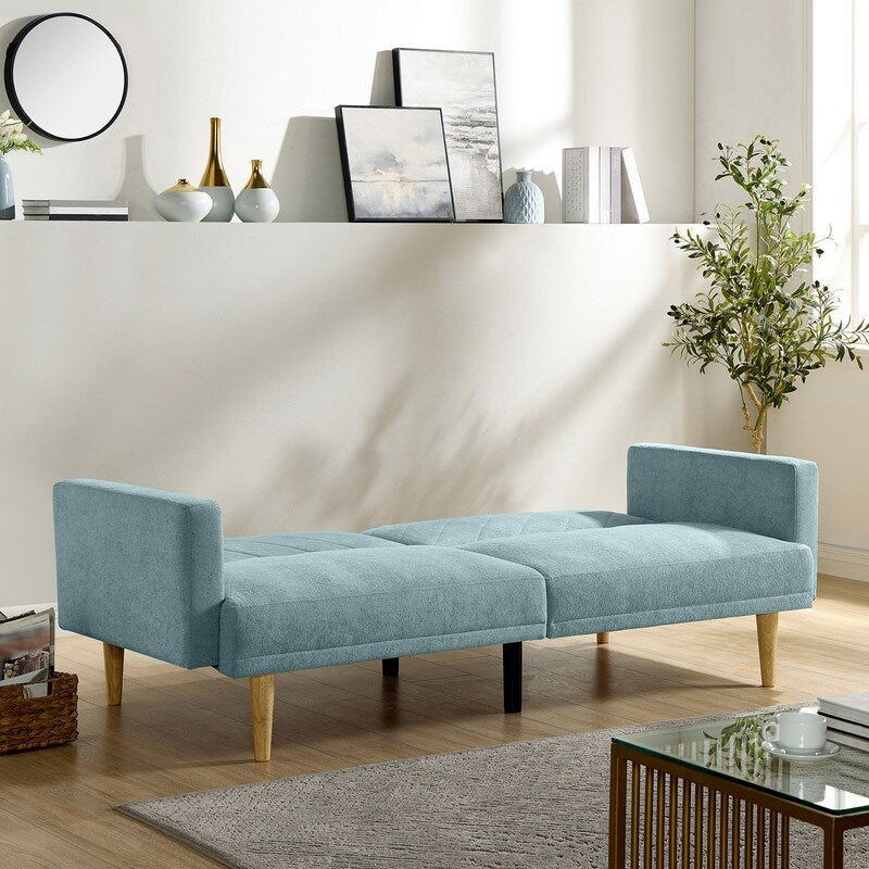 Linen Fabric Sofa Bed Cozy Style Living Room Daybed with Adjustable Backrest, Blue