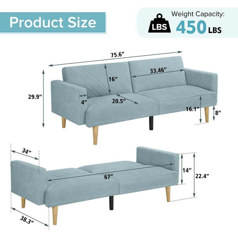 Linen Fabric Sofa Bed Cozy Style Living Room Daybed with Adjustable Backrest, Blue