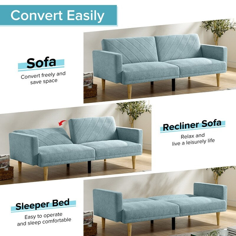 Linen Fabric Sofa Bed Cozy Style Living Room Daybed with Adjustable Backrest, Blue