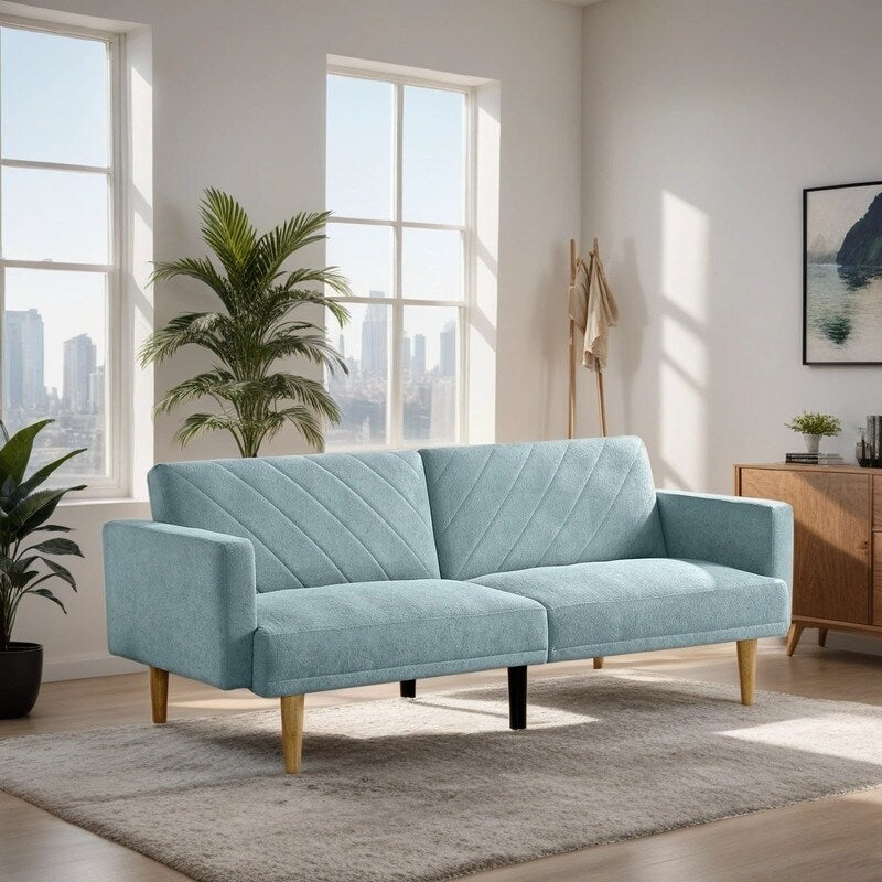 Linen Fabric Sofa Bed Cozy Style Living Room Daybed with Adjustable Backrest, Blue