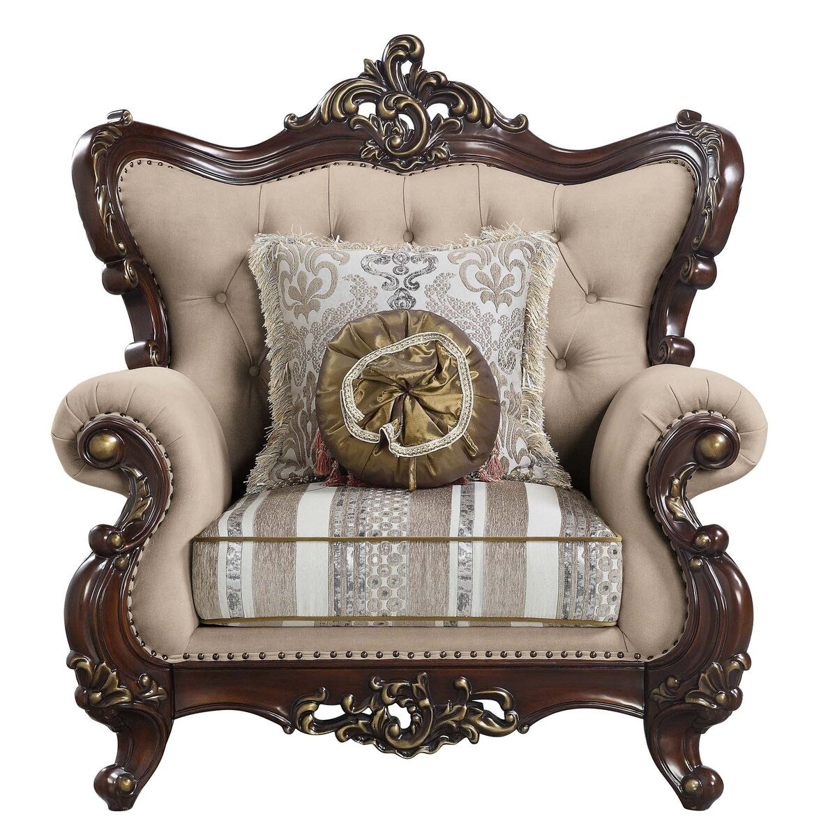 Linen Upholstered Accent Chair with Wood-Trimmed Arched Backrest in Cherry and Light Brown