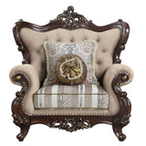 Linen Upholstered Accent Chair with Wood-Trimmed Arched Backrest in Cherry and Light Brown