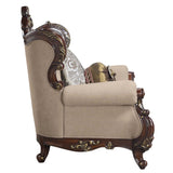 Linen Upholstered Accent Chair with Wood-Trimmed Arched Backrest in Cherry and Light Brown