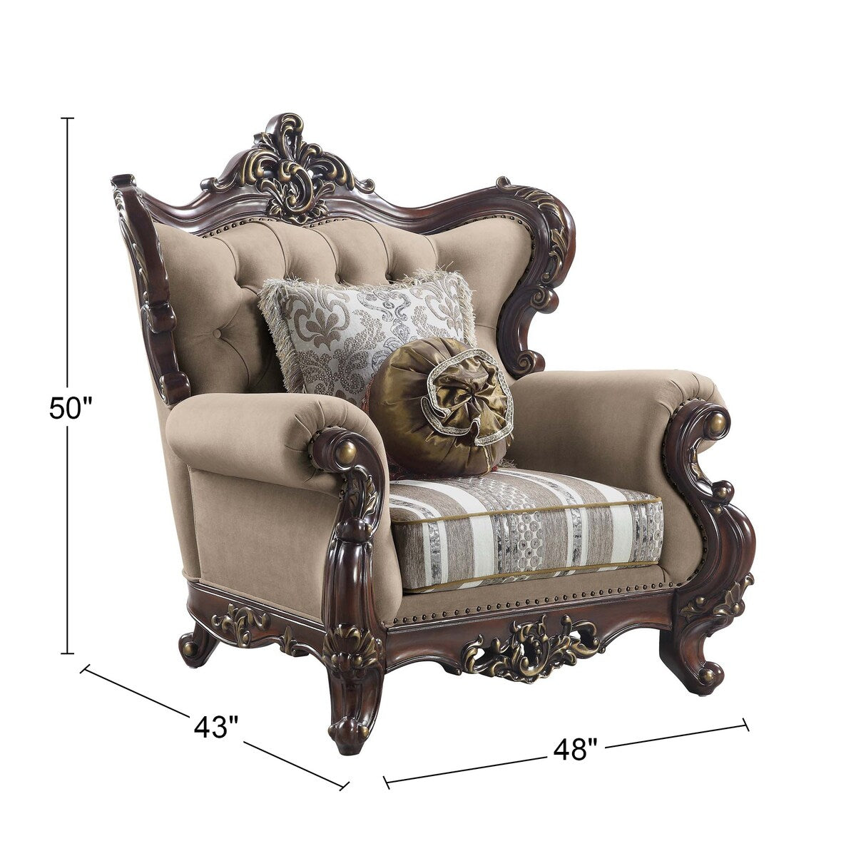 Linen Upholstered Accent Chair with Wood-Trimmed Arched Backrest in Cherry and Light Brown