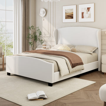 Linen Upholstered Bed Frame with Tall Headboard Wingback, Wood Slat Support Low Profile Bed, No Box Spring Needed Platform Bed