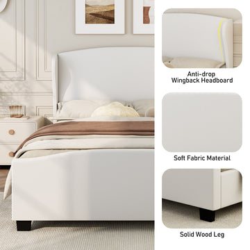 Linen Upholstered Bed Frame with Tall Headboard Wingback, Wood Slat Support Low Profile Bed, No Box Spring Needed Platform Bed