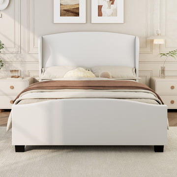 Linen Upholstered Bed Frame with Tall Headboard Wingback, Wood Slat Support Low Profile Bed, No Box Spring Needed Platform Bed