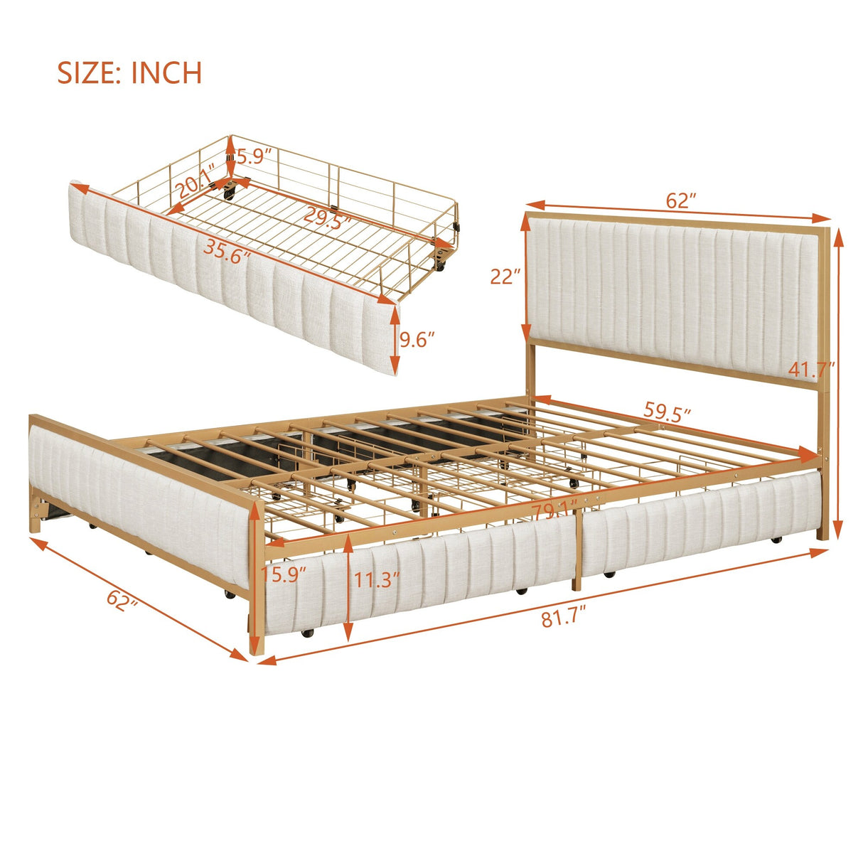 Linen Upholstered Bed Queen Size Platform Bed Frame w/ 4 Drawers