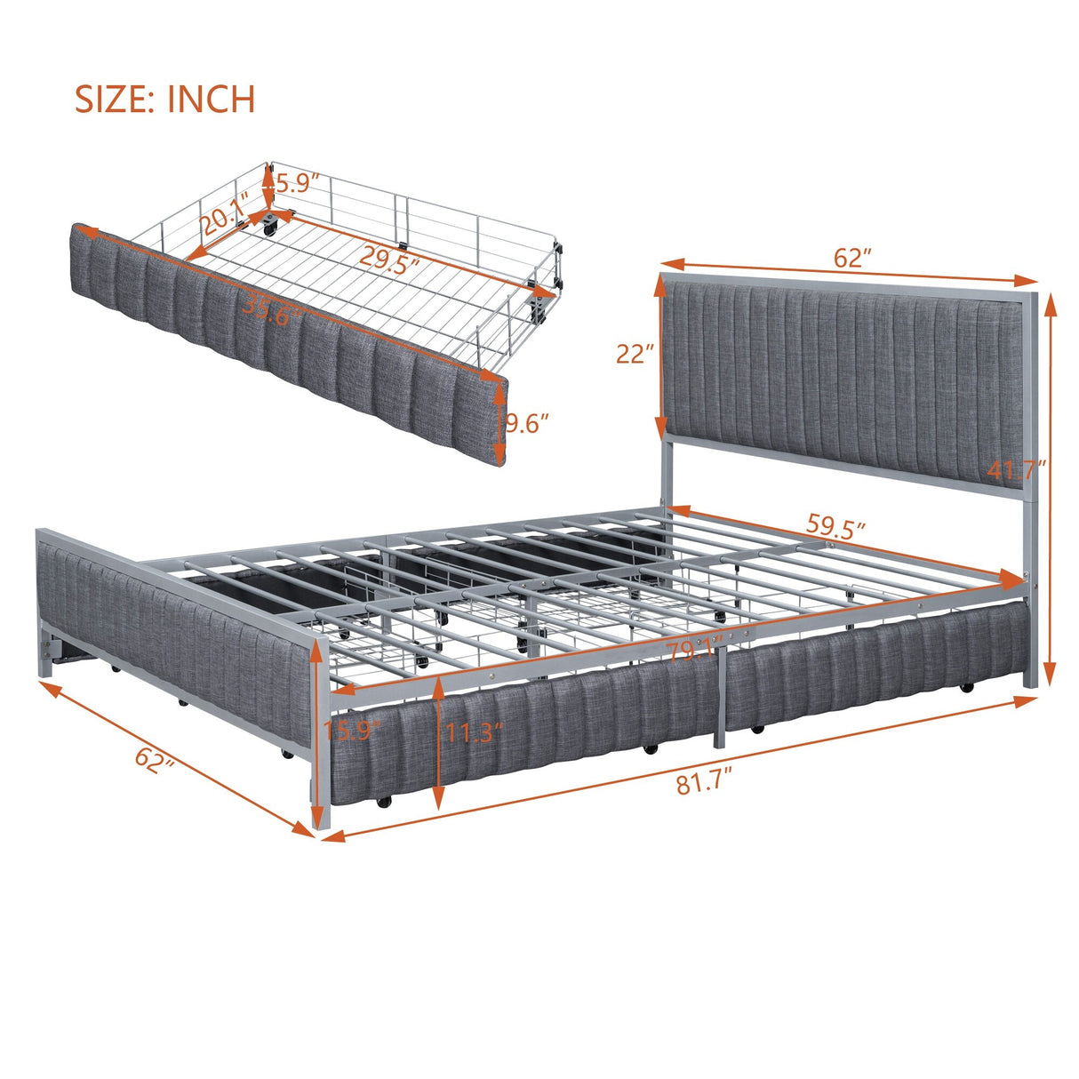 Linen Upholstered Bed Queen Size Platform Bed Frame w/ 4 Drawers