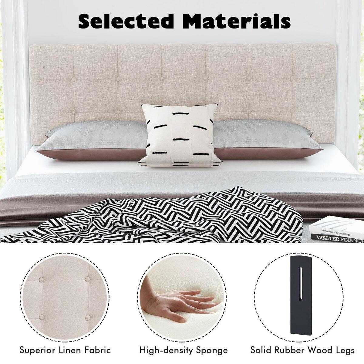 Modern Button Tufted Headboard with Rubber Wood Legs