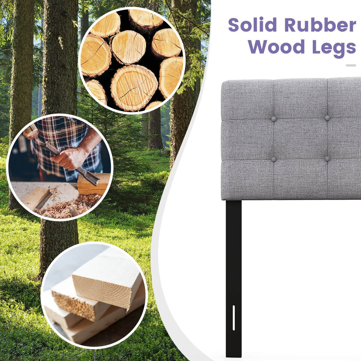 Modern Button Tufted Headboard with Rubber Wood Legs