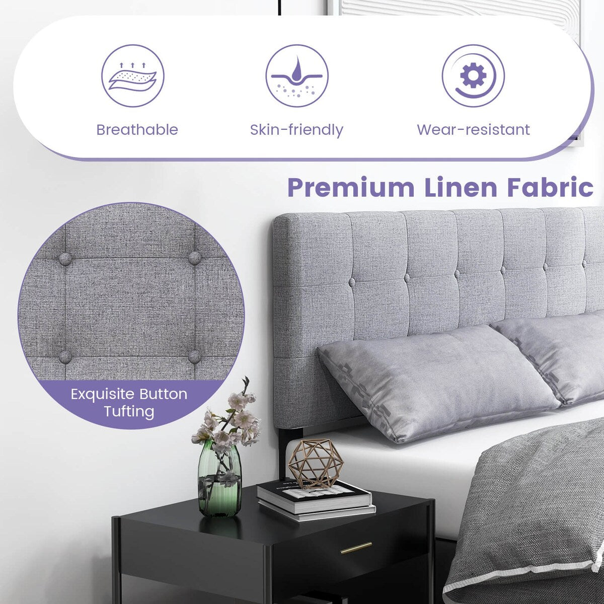 Modern Button Tufted Headboard with Rubber Wood Legs