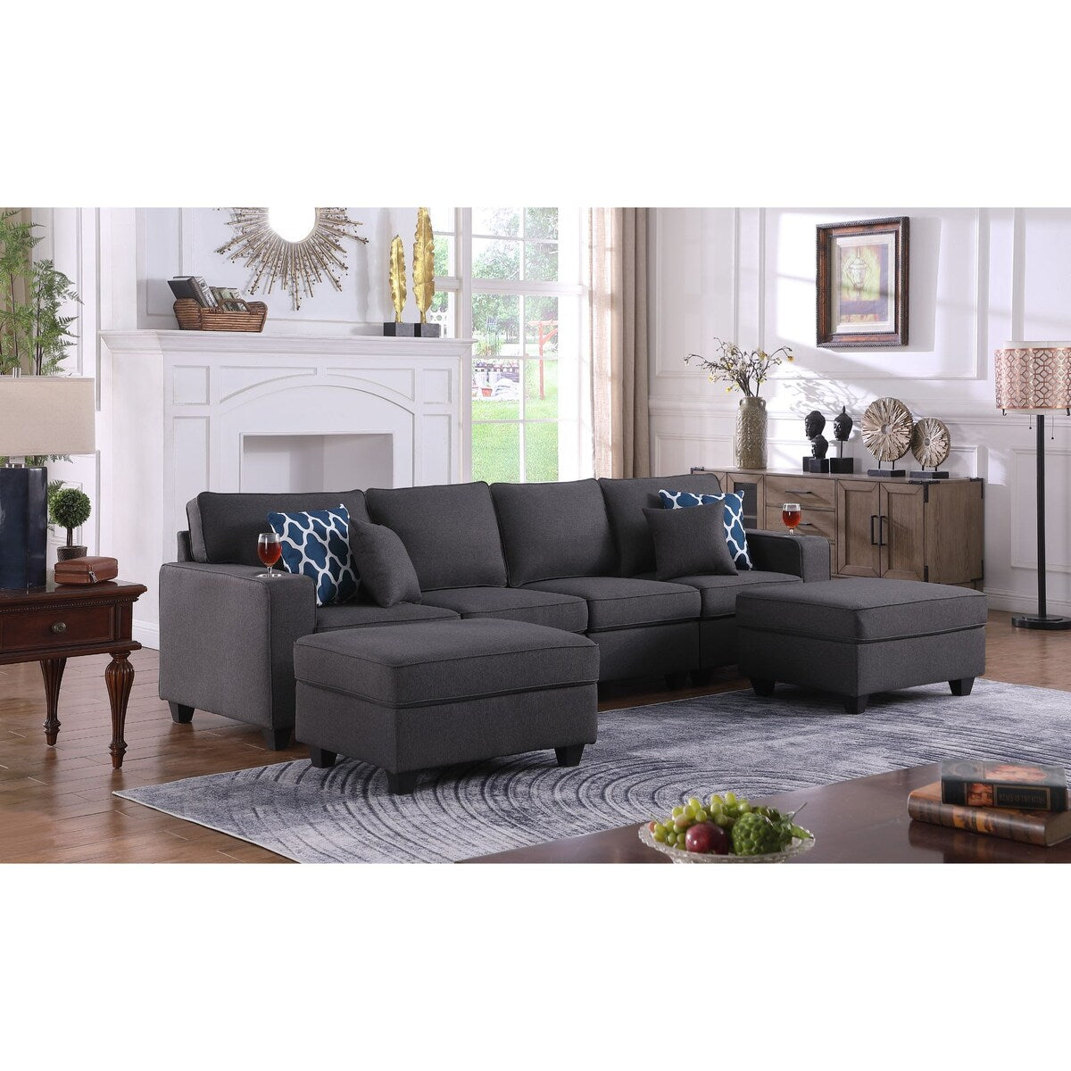 Linen Upholstered Linen 4-Seater Sofa with 2 Ottomans in Dark Gray