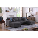 Linen Upholstered Linen 4-Seater Sofa with 2 Ottomans in Dark Gray