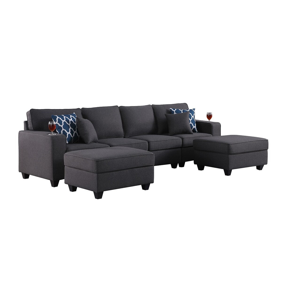 Linen Upholstered Linen 4-Seater Sofa with 2 Ottomans in Dark Gray