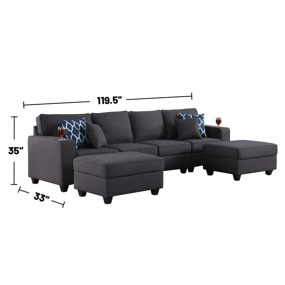 Linen Upholstered Linen 4-Seater Sofa with 2 Ottomans in Dark Gray