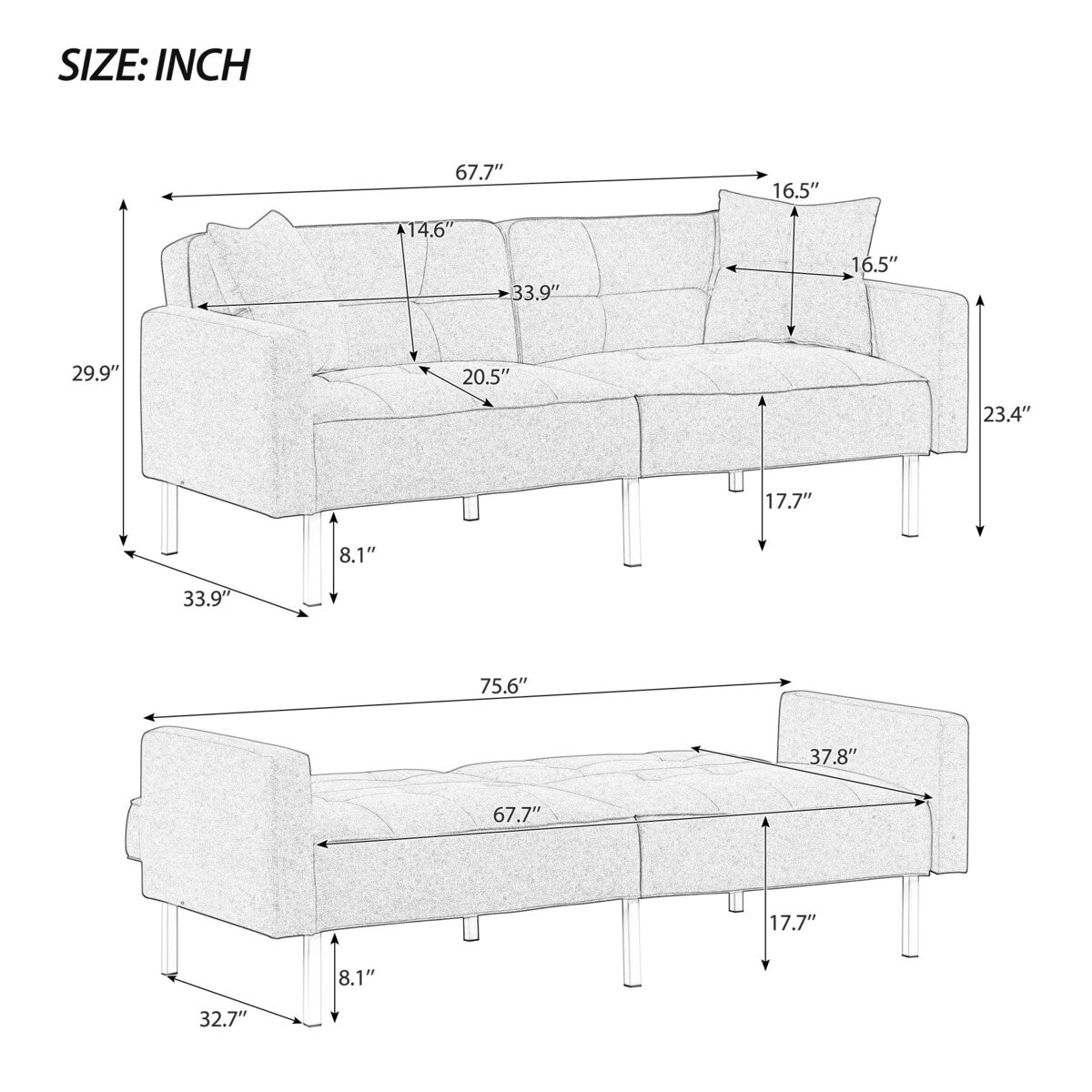 Linen Upholstered Modern Convertible Folding Futon Sofa Bed for Compact Living Space, Apartment, Dorm, Black