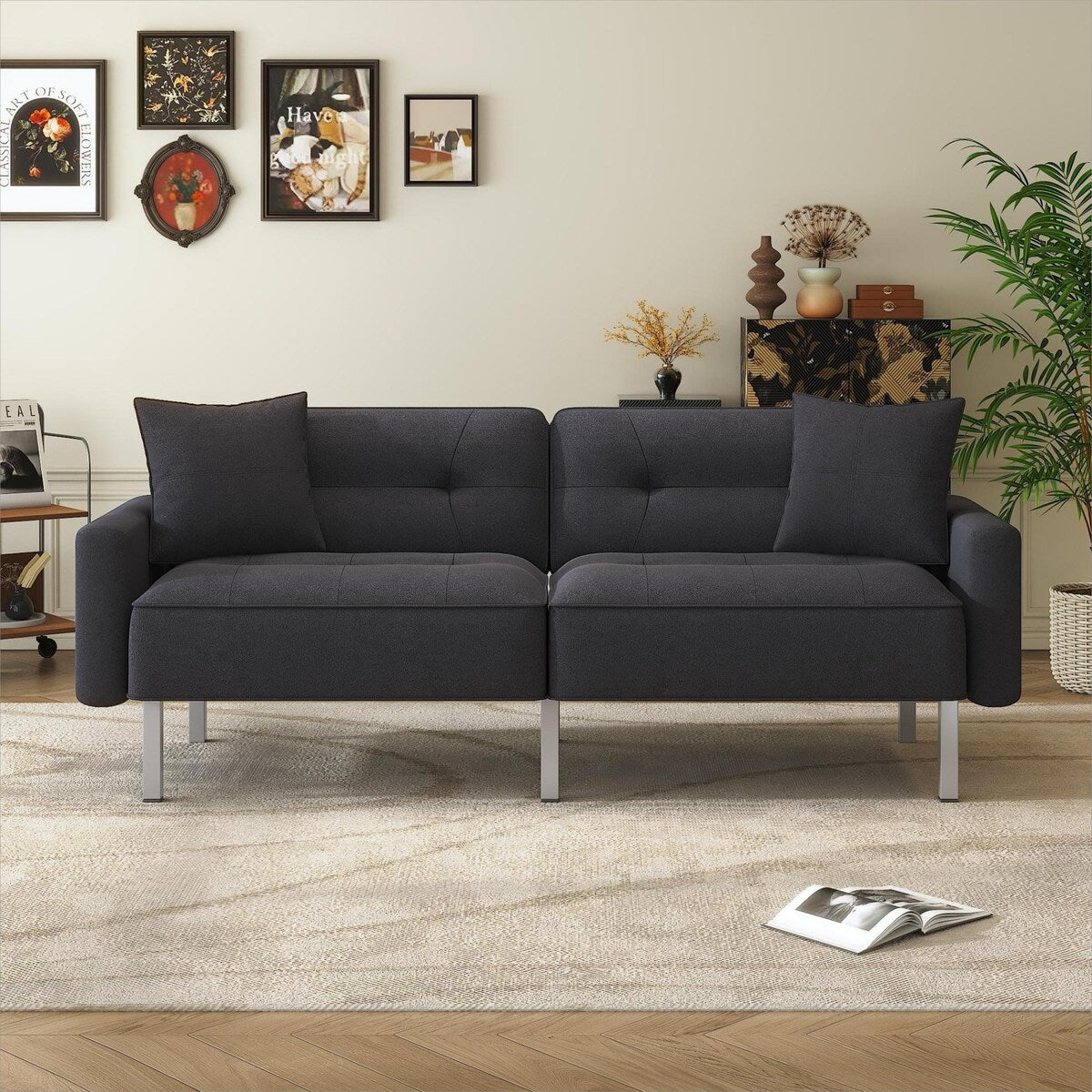 Linen Upholstered Modern Convertible Folding Futon Sofa Bed for Compact Living Space, Apartment, Dorm, Black