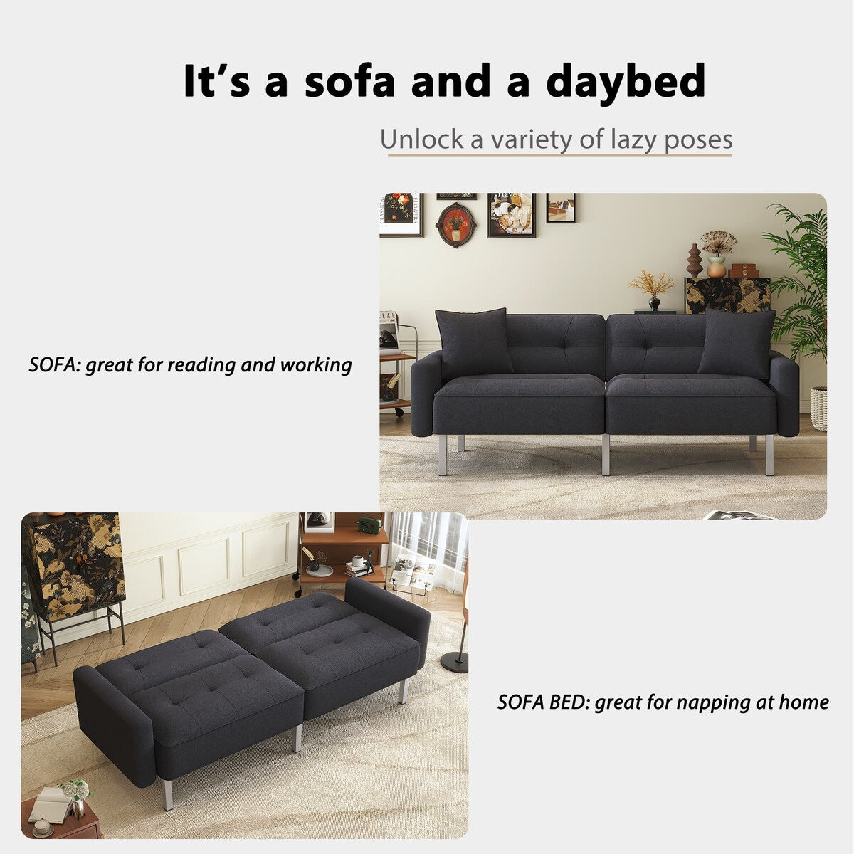 Linen Upholstered Modern Convertible Folding Futon Sofa Bed for Compact Living Space, Apartment, Dorm, Black