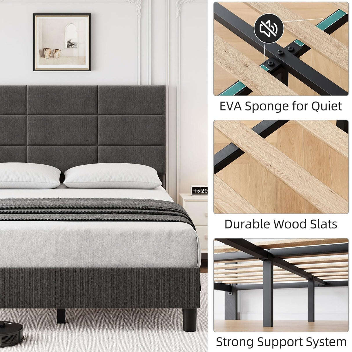 Linen Upholstered Twin Bed Frames with Solid Wooden Slats Support